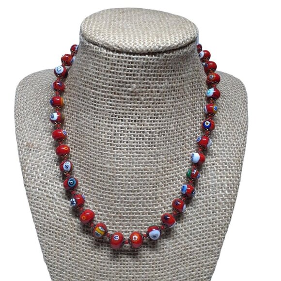 VTG Necklace Italian Murano Millefiori Venetian Art Glass Bead Red Choke…